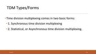 TDM Types/Forms
•Time division multiplexing comes in two basic forms:
•1. Synchronous time division multiplexing
•2. Statistical, or Asynchronous time division multiplexing.
9/27/2021 123
 