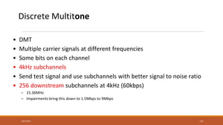 Discrete Multitone
• DMT
• Multiple carrier signals at different frequencies
• Some bits on each channel
• 4kHz subchannels
• Send test signal and use subchannels with better signal to noise ratio
• 256 downstream subchannels at 4kHz (60kbps)
– 15.36MHz
– Impairments bring this down to 1.5Mbps to 9Mbps
175
9/27/2021
 