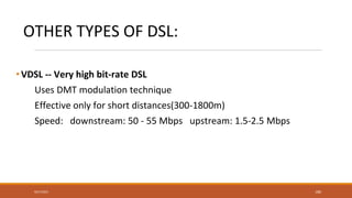 OTHER TYPES OF DSL:
• VDSL -- Very high bit-rate DSL
Uses DMT modulation technique
Effective only for short distances(300-1800m)
Speed: downstream: 50 - 55 Mbps upstream: 1.5-2.5 Mbps
180
9/27/2021
 