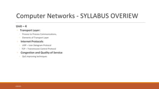 Computer Networks - SYLLABUS OVERIEW
Unit – 4
◦ Transport Layer:
◦ Process to Process Communications,
◦ Elements of Transport Layer
◦ Internet Protocols:
◦ UDP – User Datagram Protocol
◦ TCP – Transmission Control Protocol
◦ Congestion and Quality of Service:
◦ QoS improving techniques
4/8/2021
 