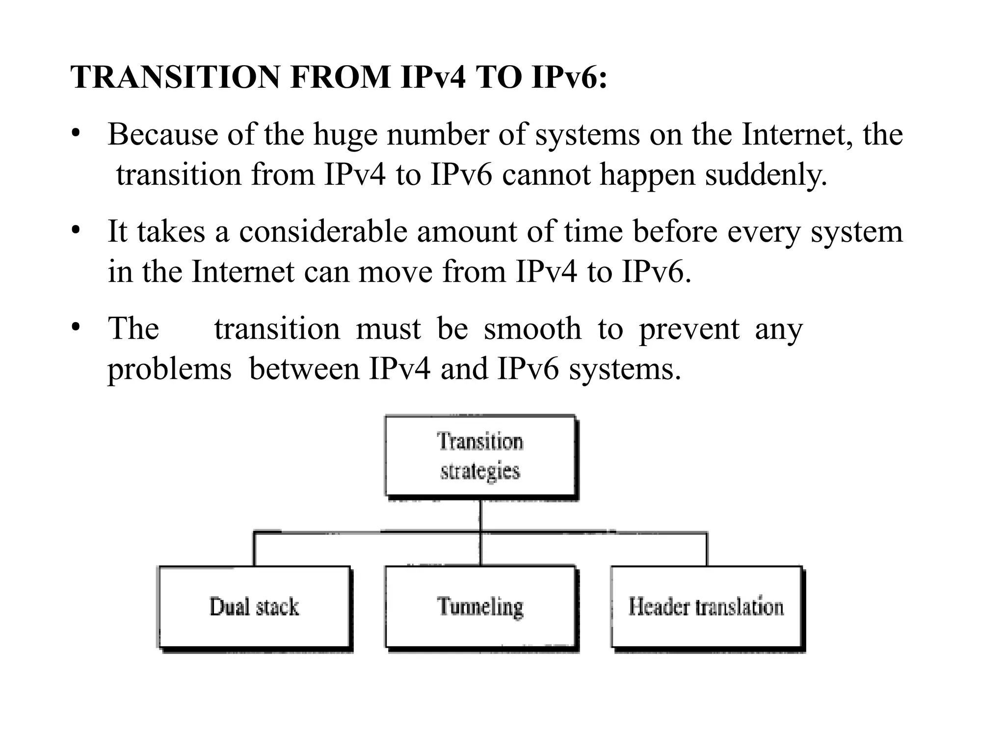 TRANSITION FROM IPv4 TO IPv6:
• Because of the huge number of systems on the Internet, the
transition from IPv4 to IPv6 cannot happen suddenly.
• It takes a considerable amount of time before every system
in the Internet can move from IPv4 to IPv6.
• The transition must be smooth to prevent any
problems between IPv4 and IPv6 systems.
 