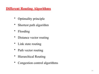 14
• Optimality principle
• Shortest path algorithm
• Flooding
• Distance vector routing
• Link state routing
• Path vector routing
• Hierarchical Routing
• Congestion control algorithms
Different Routing Algorithms
 