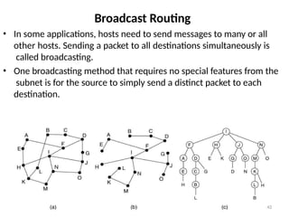 Broadcast Routing
• In some applications, hosts need to send messages to many or all
other hosts. Sending a packet to all destinations simultaneously is
called broadcasting.
• One broadcasting method that requires no special features from the
subnet is for the source to simply send a distinct packet to each
destination.
42
 