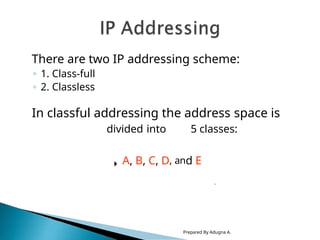 There are two IP addressing scheme:
◦ 1. Class-full
◦ 2. Classless
In classful addressing the address space is
divided into 5 classes:
A, B, C, D, and E
Prepared By Adugna A.
 