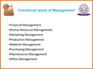 Functional areas of Management
•Financial Management
•Human Resource Management
•Marketing Management
•Production Management
•Material Management
•Purchasing Management
•Maintenance Management
•Office Management
 