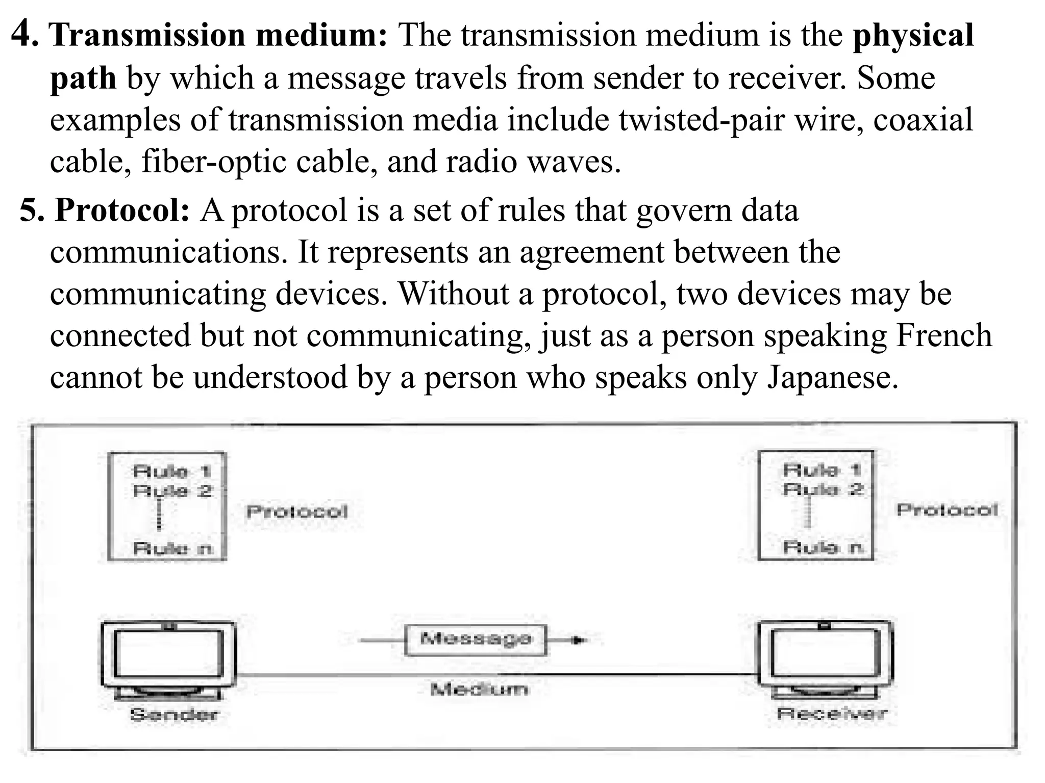 4. Transmission medium: The transmission medium is the physical
path by which a message travels from sender to receiver. Some
examples of transmission media include twisted-pair wire, coaxial
cable, fiber-optic cable, and radio waves.
5. Protocol: A protocol is a set of rules that govern data
communications. It represents an agreement between the
communicating devices. Without a protocol, two devices may be
connected but not communicating, just as a person speaking French
cannot be understood by a person who speaks only Japanese.
 