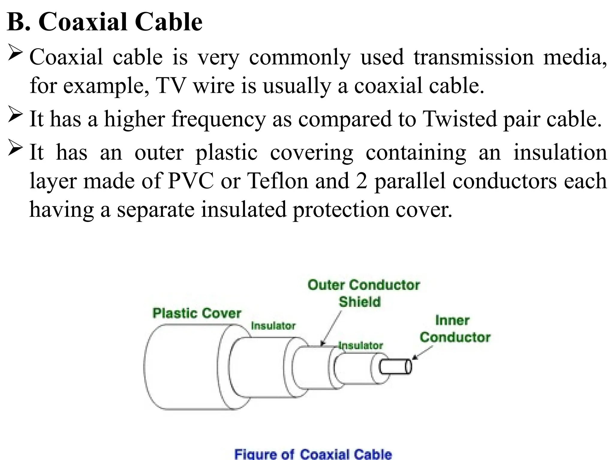 B. Coaxial Cable
 Coaxial cable is very commonly used transmission media,
for example, TV wire is usually a coaxial cable.
 It has a higher frequency as compared to Twisted pair cable.
 It has an outer plastic covering containing an insulation
layer made of PVC or Teflon and 2 parallel conductors each
having a separate insulated protection cover.
 