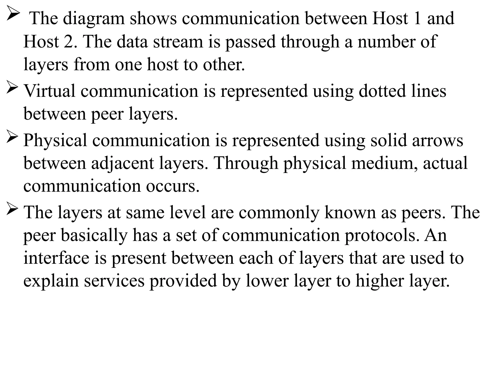  The diagram shows communication between Host 1 and
Host 2. The data stream is passed through a number of
layers from one host to other.
 Virtual communication is represented using dotted lines
between peer layers.
 Physical communication is represented using solid arrows
between adjacent layers. Through physical medium, actual
communication occurs.
 The layers at same level are commonly known as peers. The
peer basically has a set of communication protocols. An
interface is present between each of layers that are used to
explain services provided by lower layer to higher layer.
 