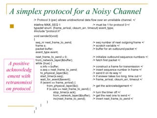 A simplex protocol for a Noisy Channel

A positive
acknowledg
ement with
retransmissi
on protocol.
 