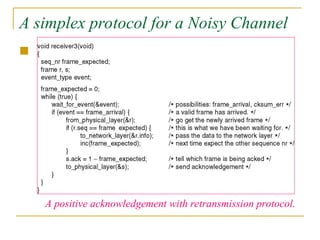 A simplex protocol for a Noisy Channel

A positive acknowledgement with retransmission protocol.
 