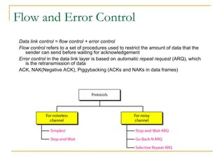 Flow and Error Control
Data link control = flow control + error control
Flow control refers to a set of procedures used to restrict the amount of data that the
sender can send before waiting for acknowledgement
Error control in the data link layer is based on automatic repeat request (ARQ), which
is the retransmission of data
ACK, NAK(Negative ACK), Piggybacking (ACKs and NAKs in data frames)
 
