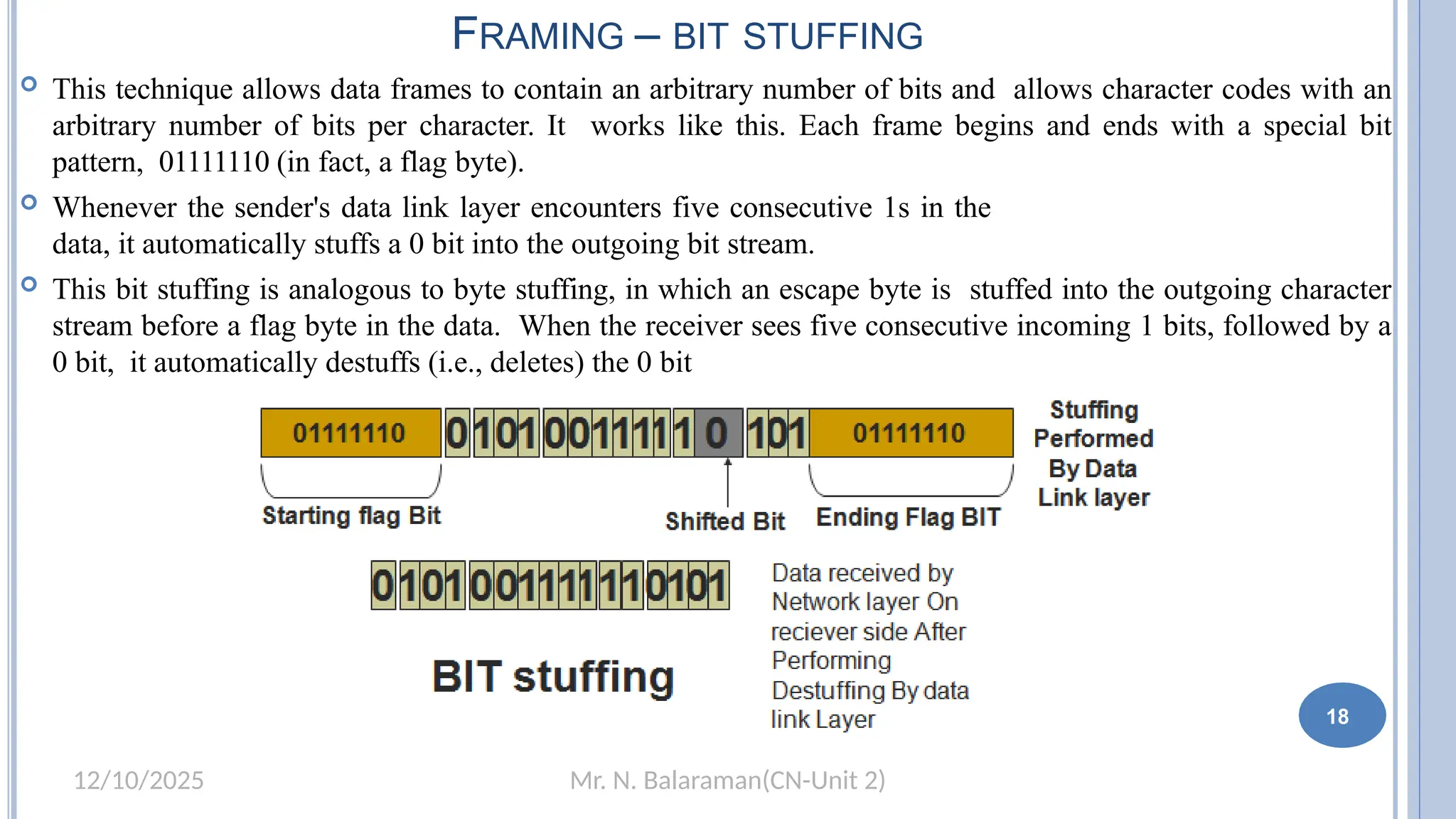 Mr. N. Balaraman(CN-Unit 2)
12/10/2025
 This technique allows data frames to contain an arbitrary number of bits and allows character codes with an
arbitrary number of bits per character. It works like this. Each frame begins and ends with a special bit
pattern, 01111110 (in fact, a flag byte).
 Whenever the sender's data link layer encounters five consecutive 1s in the
data, it automatically stuffs a 0 bit into the outgoing bit stream.
 This bit stuffing is analogous to byte stuffing, in which an escape byte is stuffed into the outgoing character
stream before a flag byte in the data. When the receiver sees five consecutive incoming 1 bits, followed by a
0 bit, it automatically destuffs (i.e., deletes) the 0 bit
18
FRAMING – BIT STUFFING
 