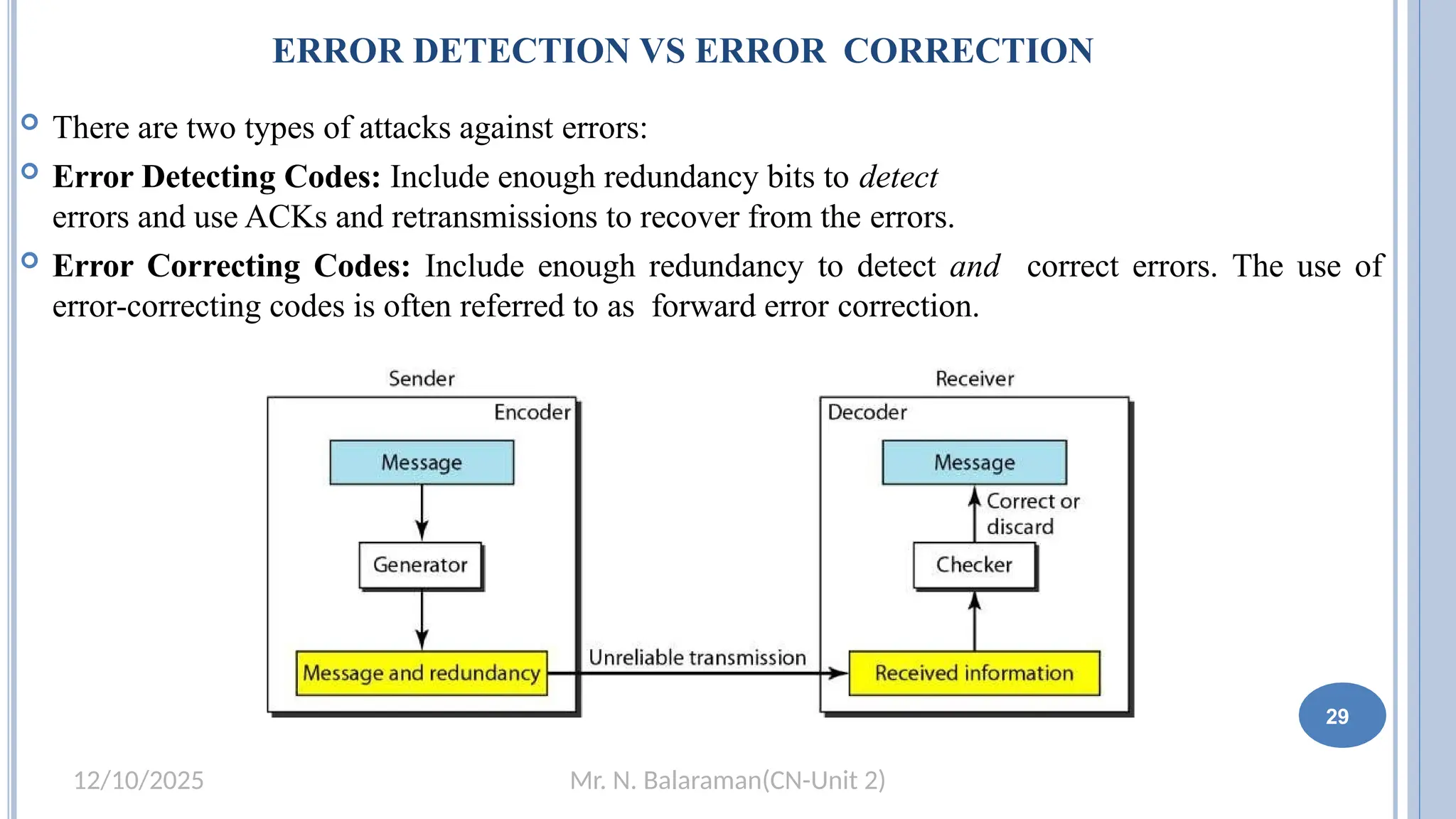 Mr. N. Balaraman(CN-Unit 2)
12/10/2025
ERROR DETECTION VS ERROR CORRECTION
 There are two types of attacks against errors:
 Error Detecting Codes: Include enough redundancy bits to detect
errors and use ACKs and retransmissions to recover from the errors.
 Error Correcting Codes: Include enough redundancy to detect and correct errors. The use of
error-correcting codes is often referred to as forward error correction.
29
 
