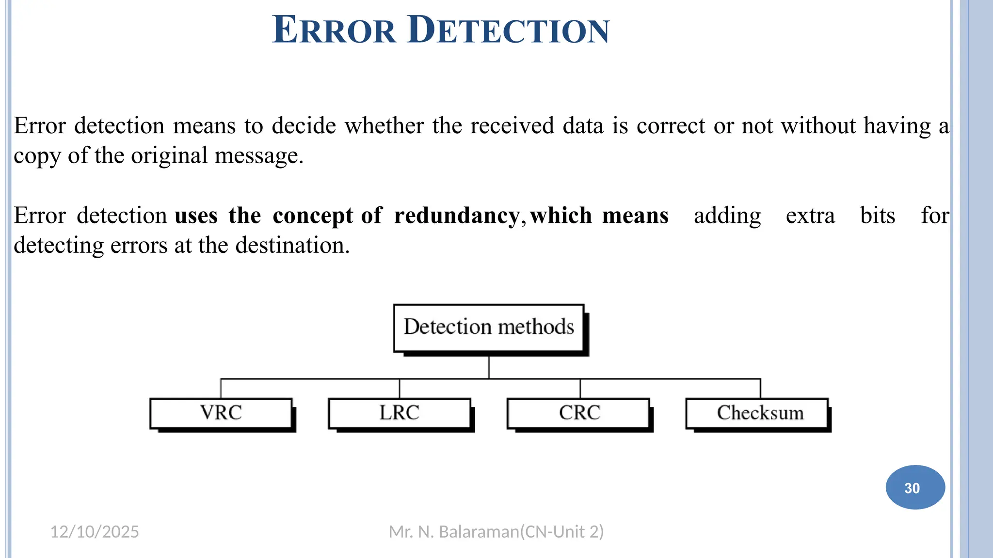 Mr. N. Balaraman(CN-Unit 2)
12/10/2025
ERROR DETECTION
Error detection means to decide whether the received data is correct or not without having a
copy of the original message.
Error detection uses the concept of redundancy,which means adding extra bits for
detecting errors at the destination.
30
 