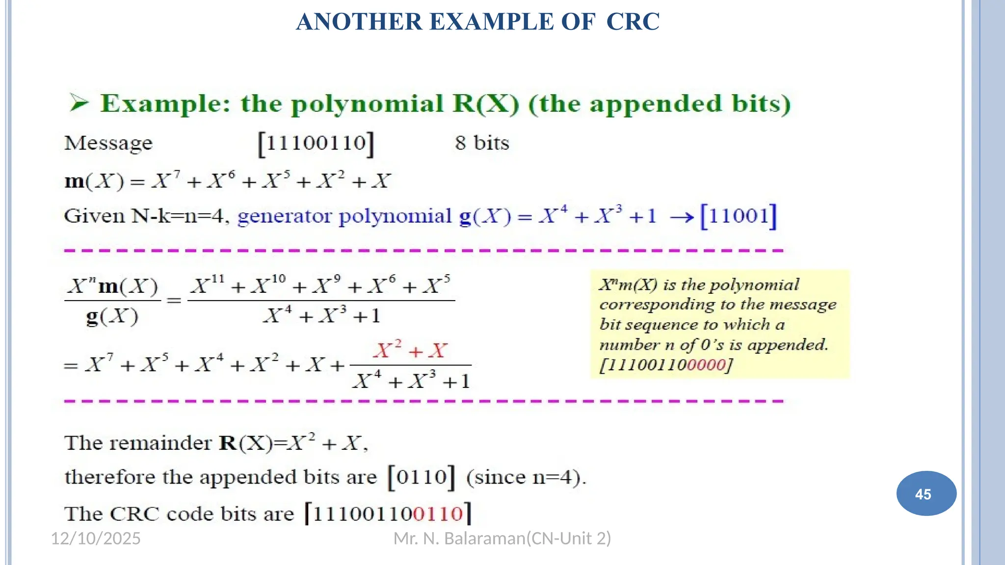 Mr. N. Balaraman(CN-Unit 2)
12/10/2025
39
ANOTHER EXAMPLE OF CRC
45
 