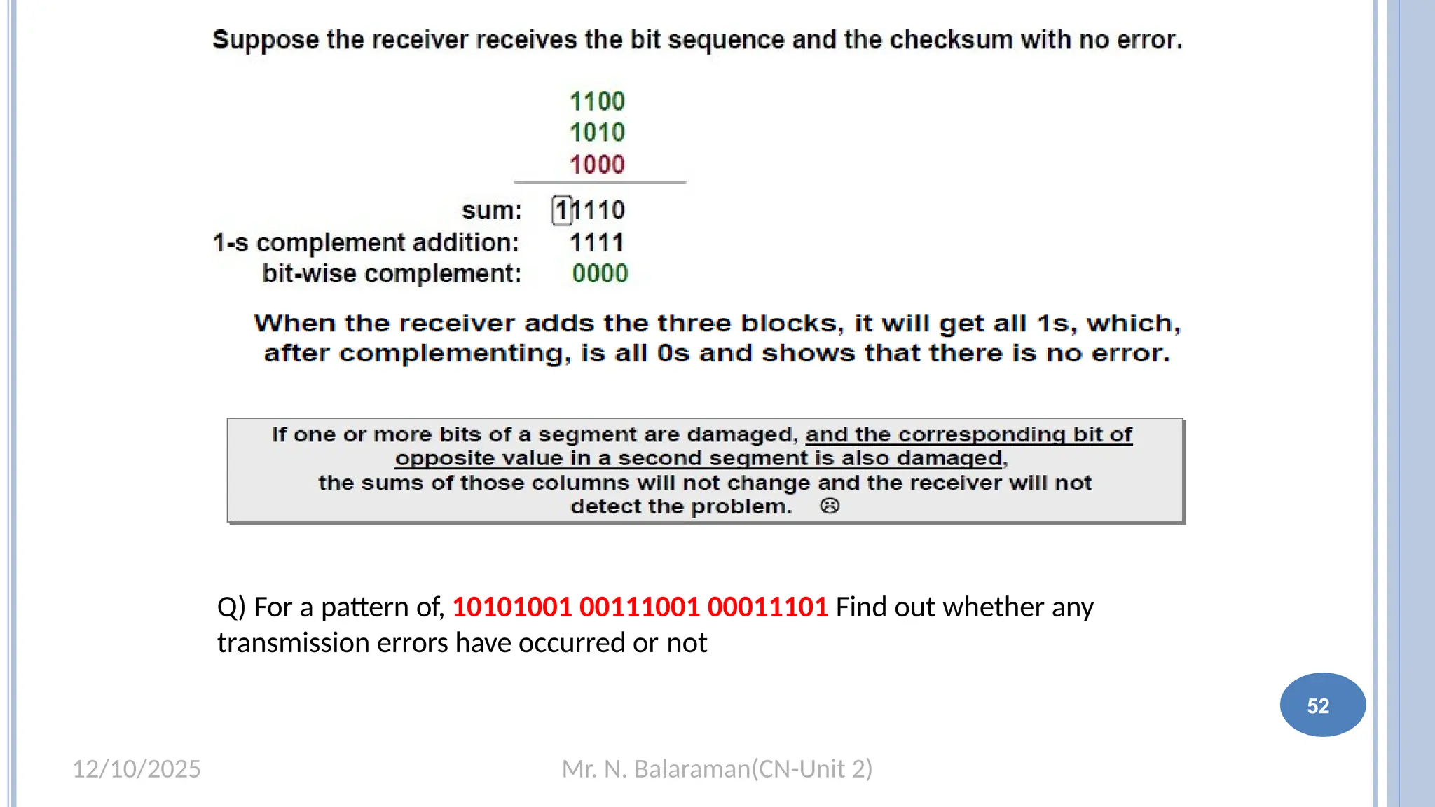 Mr. N. Balaraman(CN-Unit 2)
12/10/2025
Q) For a pattern of, 10101001 00111001 00011101 Find out whether any
transmission errors have occurred or not
52
 