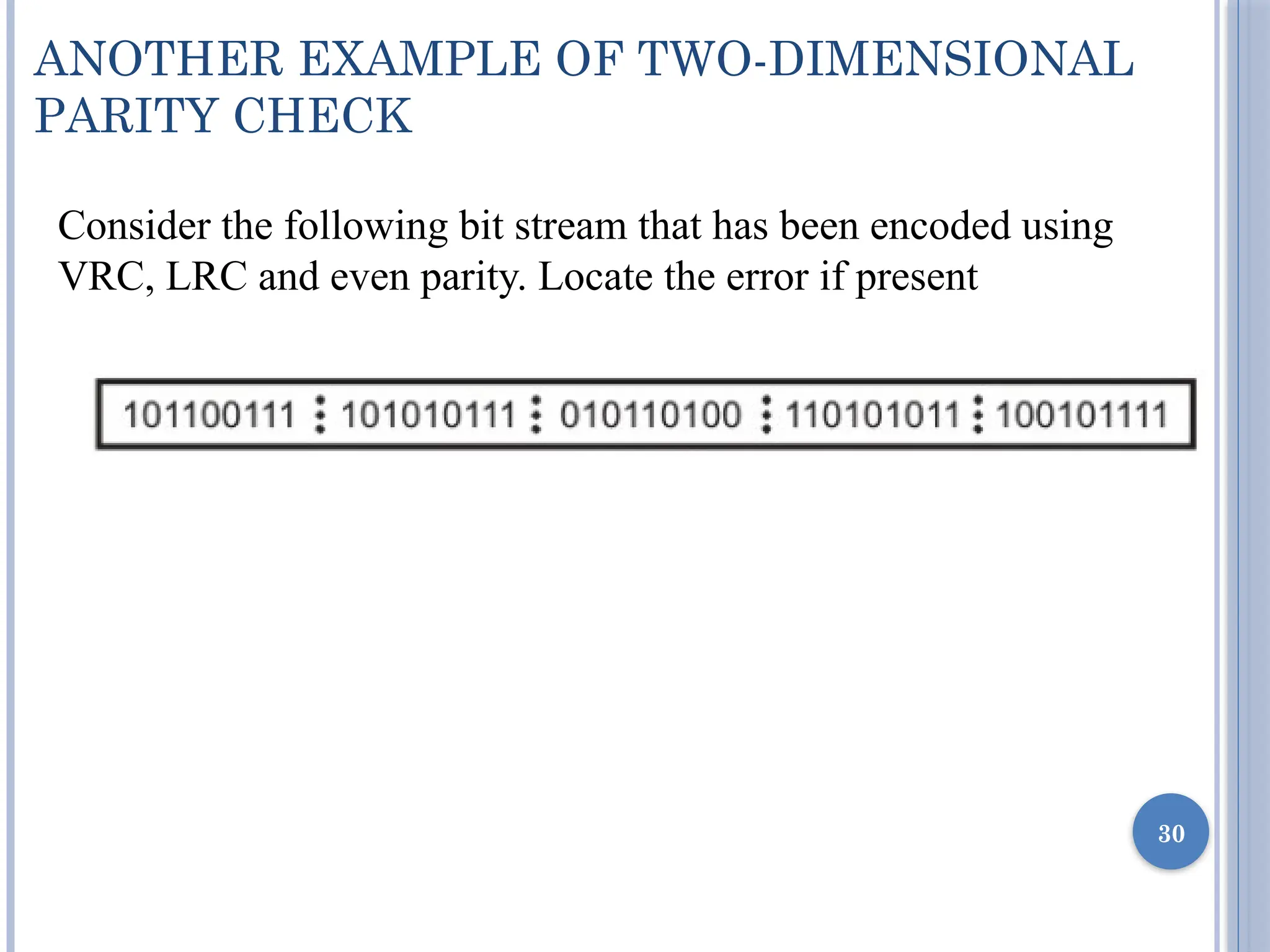 ANOTHER EXAMPLE OF TWO-DIMENSIONAL
PARITY CHECK
30
Consider the following bit stream that has been encoded using
VRC, LRC and even parity. Locate the error if present
 