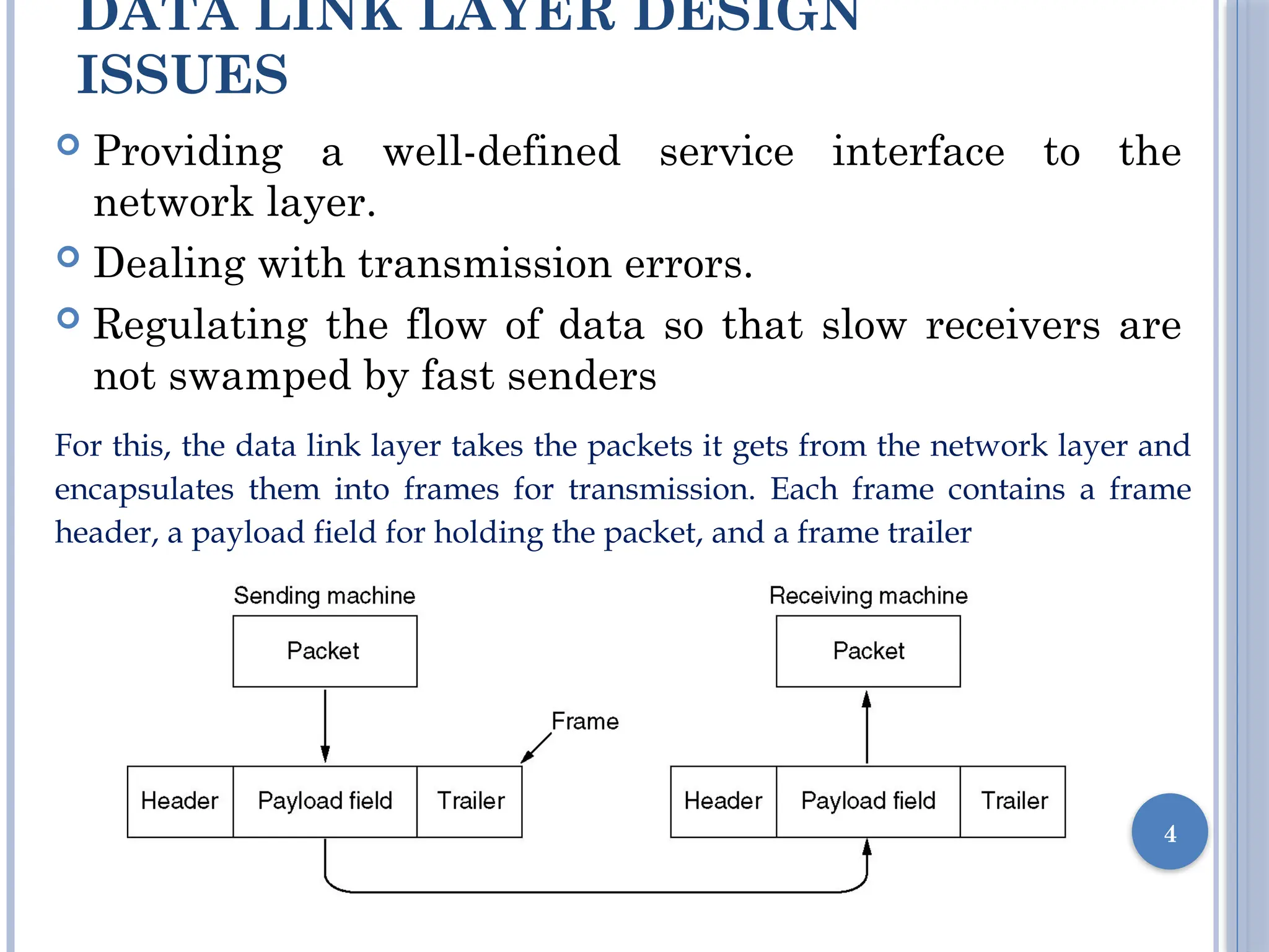 DATA LINK LAYER DESIGN
ISSUES
 Providing a well-defined service interface to the
network layer.
 Dealing with transmission errors.
 Regulating the flow of data so that slow receivers are
not swamped by fast senders
4
For this, the data link layer takes the packets it gets from the network layer and
encapsulates them into frames for transmission. Each frame contains a frame
header, a payload field for holding the packet, and a frame trailer
 