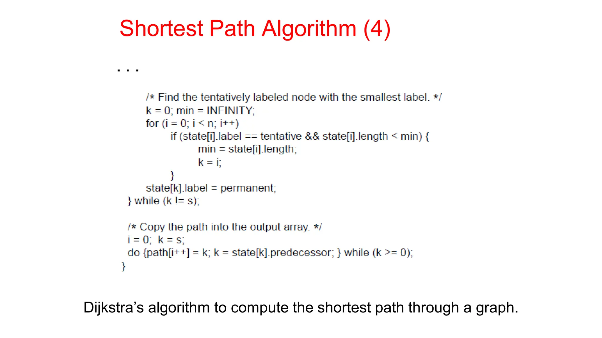 Shortest Path Algorithm (4)
. . .
Dijkstra’s algorithm to compute the shortest path through a graph.
 