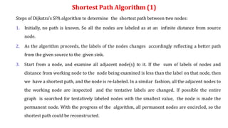 Shortest Path Algorithm (1)
Steps of Dijkstra’s SPA algorithm to determine the shortest path between two nodes:
1. Initially, no path is known. So all the nodes are labeled as at an infinite distance from source
node.
2. As the algorithm proceeds, the labels of the nodes changes accordingly reflecting a better path
from the given source to the given sink.
3. Start from a node, and examine all adjacent node(s) to it. If the sum of labels of nodes and
distance from working node to the node being examined is less than the label on that node, then
we have a shortest path, and the node is re-labeled. In a similar fashion, all the adjacent nodes to
the working node are inspected and the tentative labels are changed. If possible the entire
graph is searched for tentatively labeled nodes with the smallest value, the node is made the
permanent node. With the progress of the algorithm, all permanent nodes are encircled, so the
shortest path could be reconstructed.
 