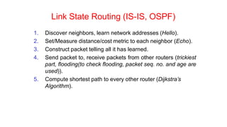 Link State Routing (IS-IS, OSPF)
1. Discover neighbors, learn network addresses (Hello).
2. Set/Measure distance/cost metric to each neighbor (Echo).
3. Construct packet telling all it has learned.
4. Send packet to, receive packets from other routers (trickiest
part, flooding(to check flooding, packet seq. no. and age are
used)).
5. Compute shortest path to every other router (Dijkstra’s
Algorithm).
 