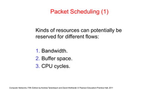 Computer Networks, Fifth Edition by Andrew Tanenbaum and David Wetherall, © Pearson Education-Prentice Hall, 2011
Packet Scheduling (1)
Kinds of resources can potentially be
reserved for different flows:
1. Bandwidth.
2. Buffer space.
3. CPU cycles.
 