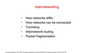 Computer Networks, Fifth Edition by Andrew Tanenbaum and David Wetherall, © Pearson Education-Prentice Hall, 2011
Internetworking
• How networks differ
• How networks can be connected
• Tunneling
• Internetwork routing
• Packet fragmentation
 