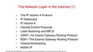 Computer Networks, Fifth Edition by Andrew Tanenbaum and David Wetherall, © Pearson Education-Prentice Hall, 2011
The Network Layer in the Internet (1)
• The IP Version 4 Protocol
• IP Addresses
• IP Version 6
• Internet Control Protocols
• Label Switching and MPLS
• OSPF—An Interior Gateway Routing Protocol
• BGP—The Exterior Gateway Routing Protocol
• Internet Multicasting
• Mobile IP
 