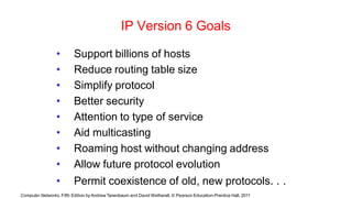 Computer Networks, Fifth Edition by Andrew Tanenbaum and David Wetherall, © Pearson Education-Prentice Hall, 2011
IP Version 6 Goals
• Support billions of hosts
• Reduce routing table size
• Simplify protocol
• Better security
• Attention to type of service
• Aid multicasting
• Roaming host without changing address
• Allow future protocol evolution
• Permit coexistence of old, new protocols. . .
 
