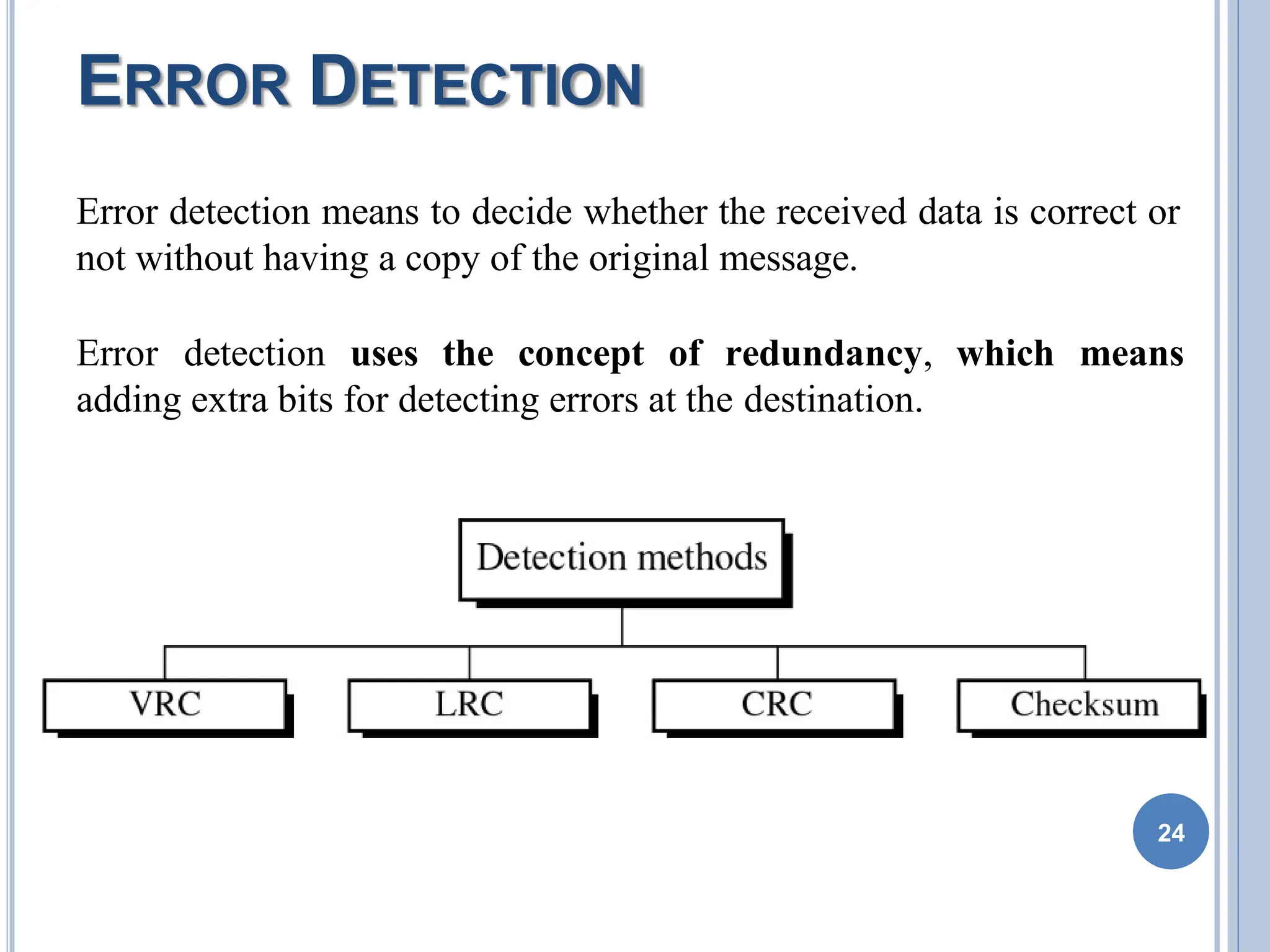 ERROR DETECTION
Error detection means to decide whether the received data is correct or
not without having a copy of the original message.
Error detection uses the concept of redundancy, which means
adding extra bits for detecting errors at the destination.
24
 