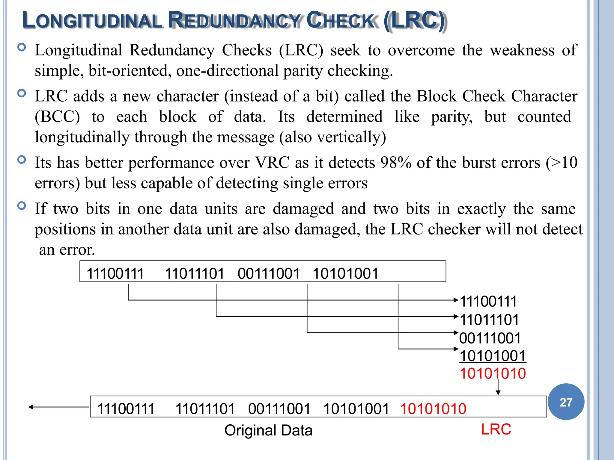 LONGITUDINAL REDUNDANCY CHECK (LRC)
 Longitudinal Redundancy Checks (LRC) seek to overcome the weakness of
simple, bit-oriented, one-directional parity checking.
 LRC adds a new character (instead of a bit) called the Block Check Character
(BCC) to each block of data. Its determined like parity, but counted
longitudinally through the message (also vertically)
 Its has better performance over VRC as it detects 98% of the burst errors (>10
errors) but less capable of detecting single errors
 If two bits in one data units are damaged and two bits in exactly the same
positions in another data unit are also damaged, the LRC checker will not detect
an error.
27
11100111 11011101 00111001 10101001
11100111
11011101
00111001
10101001
10101010
11100111 11011101 00111001 10101001 10101010
Original Data LRC
 