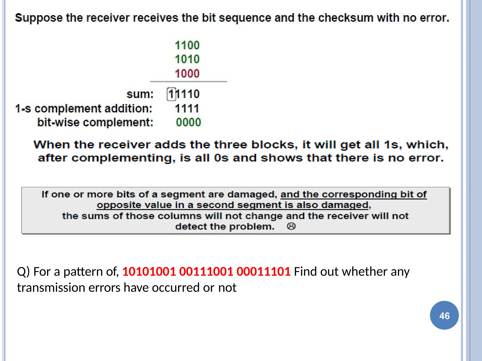 Q) For a pattern of, 10101001 00111001 00011101 Find out whether any
transmission errors have occurred or not
46
 