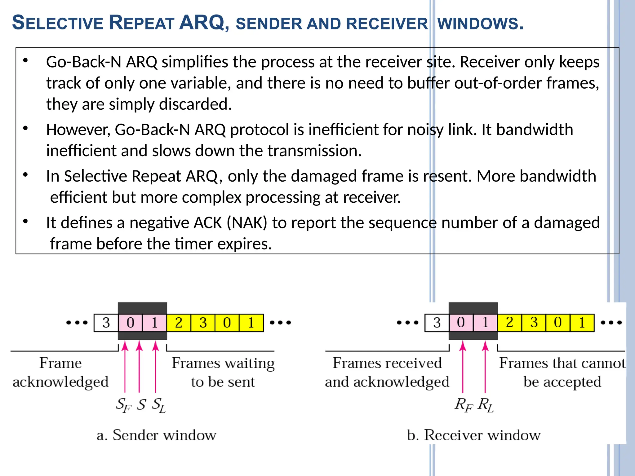 SELECTIVE REPEAT ARQ, SENDER AND RECEIVER WINDOWS.
• Go-Back-N ARQ simplifies the process at the receiver site. Receiver only keeps
track of only one variable, and there is no need to buffer out-of-order frames,
they are simply discarded.
• However, Go-Back-N ARQ protocol is inefficient for noisy link. It bandwidth
inefficient and slows down the transmission.
• In Selective Repeat ARQ, only the damaged frame is resent. More bandwidth
efficient but more complex processing at receiver.
• It defines a negative ACK (NAK) to report the sequence number of a damaged
frame before the timer expires.
 