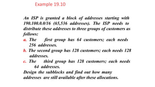 An ISP is granted a block of addresses starting with
190.100.0.0/16 (65,536 addresses). The ISP needs to
distribute these addresses to three groups of customers as
follows:
a. The first group has 64 customers; each needs
256 addresses.
b. The second group has 128 customers; each needs 128
addresses.
c. The third group has 128 customers; each needs
64 addresses.
Design the subblocks and find out how many
addresses are still available after these allocations.
Example 19.10
 