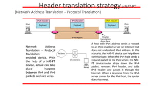 Header translation strategya NAT-PT
(Network Address Translation – Protocol Translation)
Network Address
Translation – Protocol
Translation
enabled device. With
the help of a NAT-PT
device, actual can take
place happens
between IPv4 and IPv6
packets and vice versa.
A host with IPv4 address sends a request
to an IPv6 enabled server on Internet that
does not understand IPv4 address. In this
scenario, the NAT-PT device can help them
communicate. When the IPv4 host sends a
request packet to the IPv6 server, the NAT-
PT device/router strips down the IPv4
packet, removes IPv4 header, and adds
IPv6 header and passes it through the
Internet. When a response from the IPv6
server comes for the IPv4 host, the router
does vice versa.
 