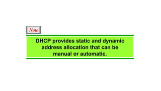 DHCP provides static and dynamic
address allocation that can be
manual or automatic.
Note
 