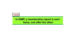 In IGMP, a membership report is sent
twice, one after the other.
Note
 