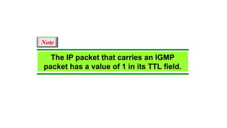 The IP packet that carries an IGMP
packet has a value of 1 in its TTL field.
Note
 