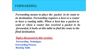 FORWARDING
Forwarding means to place the packet in its route to
its destination. Forwarding requires a host or a router
to have a routing table. When a host has a packet to
send or when a router has received a packet to be
forwarded, it looks at this table to find the route to the
final destination.
Topics discussed in this section:
Forwarding Techniques
Forwarding Process
Routing Table
 
