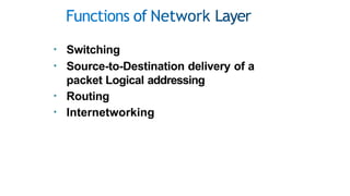 • Switching
• Source-to-Destination delivery of a
packet Logical addressing
• Routing
• Internetworking
 