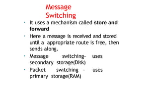 Message
Switching
• It uses a mechanism called store and
forward
• Here a message is received and stored
until a appropriate route is free, then
sends along.
• Message switching- uses
secondary storage(Disk)
• Packet switching – uses
primary storage(RAM)
 