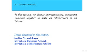 20.32
20-1 INTERNETWORKING
In this section, we discuss internetworking, connecting
networks together to make an internetwork or an
internet.
Need for Network Layer
Internet as a Datagram Network
Internet as a Connectionless Network
Topics discussed in this section:
 