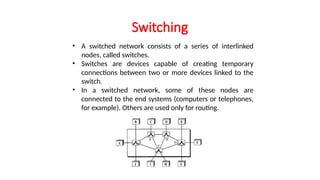 Switching
• A switched network consists of a series of interlinked
nodes, called switches.
• Switches are devices capable of creating temporary
connections between two or more devices linked to the
switch.
• In a switched network, some of these nodes are
connected to the end systems (computers or telephones,
for example). Others are used only for routing.
 