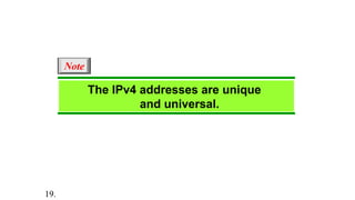 The IPv4 addresses are unique
and universal.
Note
19.
 