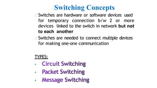 Switching Concepts
Switches are hardware or software devices used
for temporary connection b/w 2 or more
devices linked to the switch in network but not
to each another
Switches are needed to connect multiple devices
for making one-one communication
TYPES:
•
•
•
 