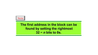 The first address in the block can be
found by setting the rightmost
32 − n bits to 0s.
Note
 