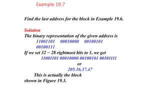 Find the last address for the block in Example 19.6.
Solution
The binary representation of the given address is
11001101 00010000 00100101
00100111
If we set 32 − 28 rightmost bits to 1, we get
11001101 00010000 00100101 00101111
or
205.16.37.47
This is actually the block
shown in Figure 19.3.
Example 19.7
 