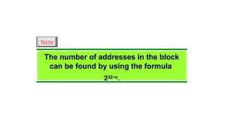 The number of addresses in the block
can be found by using the formula
232−n.
Note
 