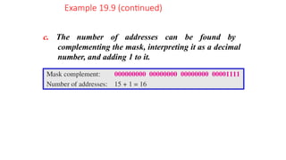 c. The number of addresses can be found by
complementing the mask, interpreting it as a decimal
number, and adding 1 to it.
Example 19.9 (continued)
 