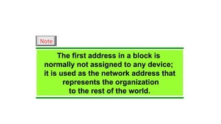The first address in a block is
normally not assigned to any device;
it is used as the network address that
represents the organization
to the rest of the world.
Note
 